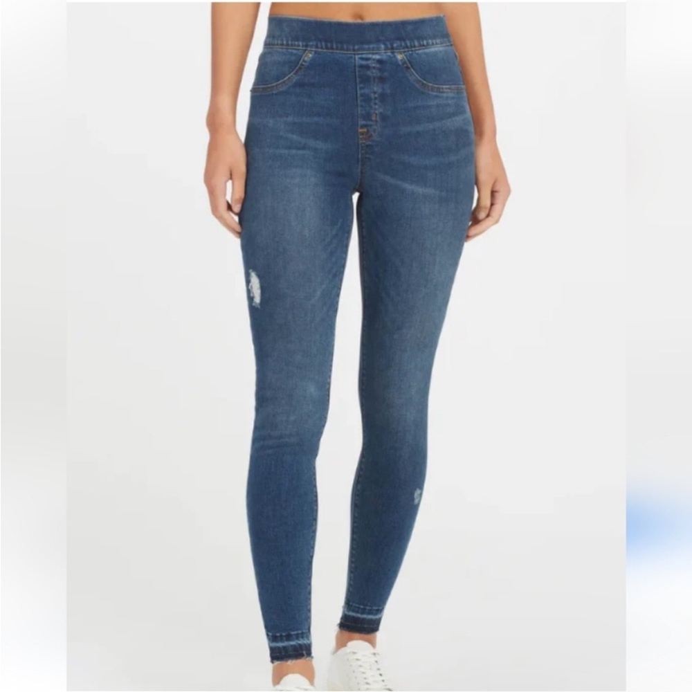 Spanx Large Skinny‎ Distressed Jeans High Waist Cut Off Medium Wash Streetwear
